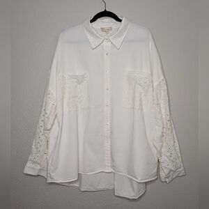 Oli & Hali White Oversized Button Down Guipure Lace Eyelet Boho Langenlook Top L